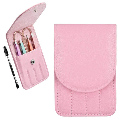 Professional stainless steel eyebrow tweezers set with scissors, brush, and leather case.