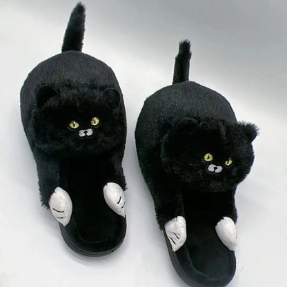 Blue cat pattern cotton slippers with 1.5cm heel and non-slip soles for UK sizes 35-43
