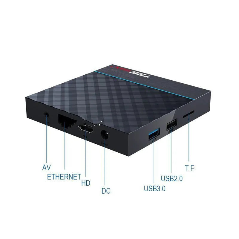 Black T95 Max Plus Android TV Box set-top unit with remote control on a wooden surface.