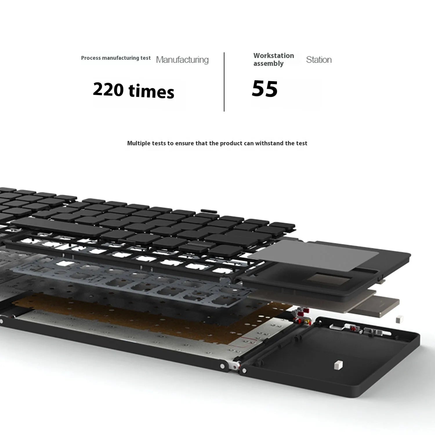 Tri-fold Bluetooth keyboard shown unfolded with thin touch keys in black or silver colour options