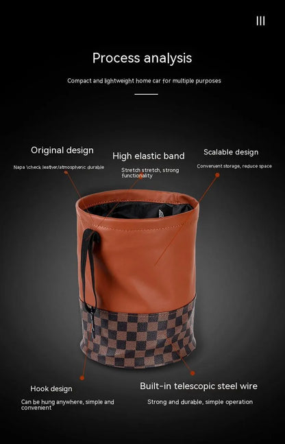 Retractable leather car trash can with handle shown in folded and expanded positions