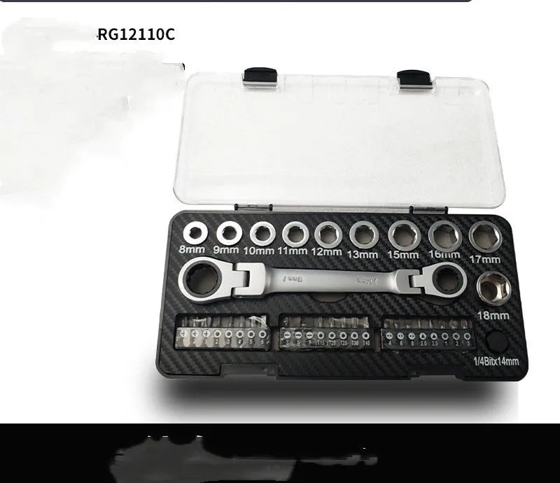 Dual-purpose ratchet wrench and screwdriver tool set with sockets and bit heads laid out