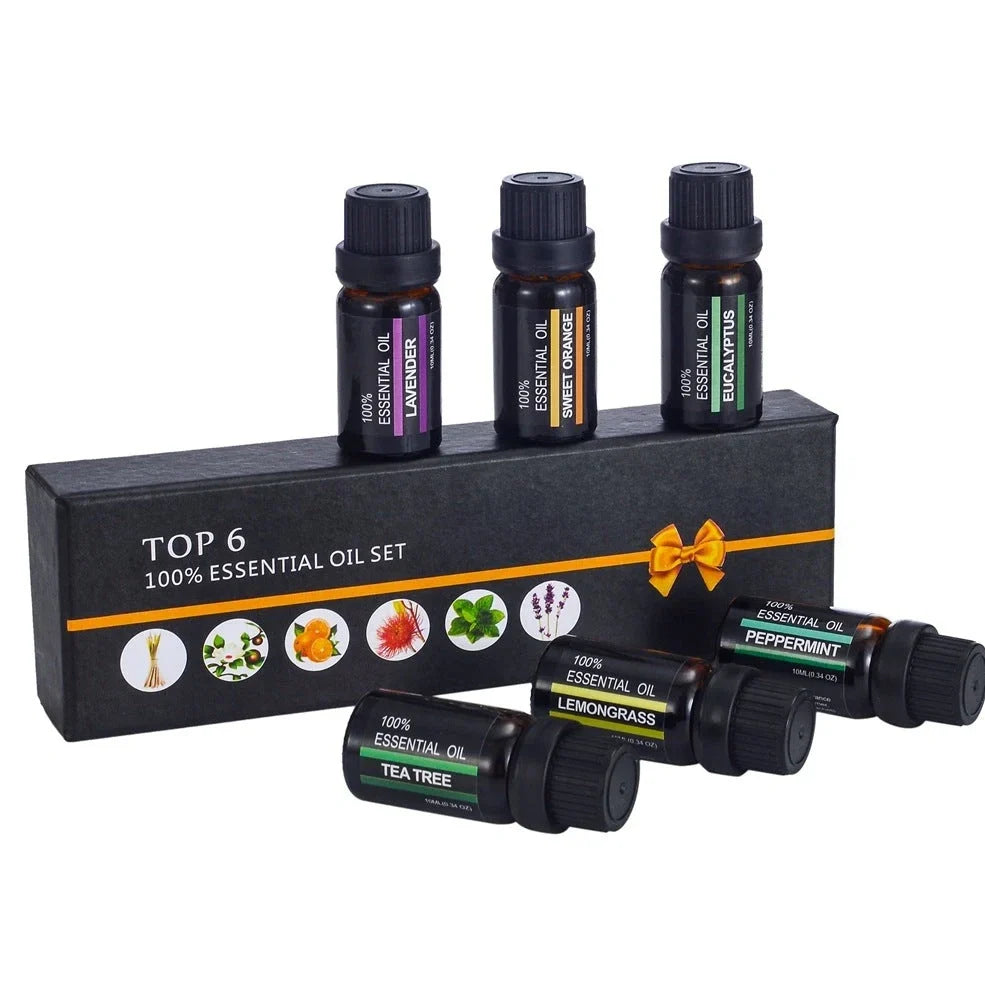Six 10ml natural essential oil bottles in orange, lavender, tea tree, mint, eucalyptus, lemongrass for aromatherapy diffusers