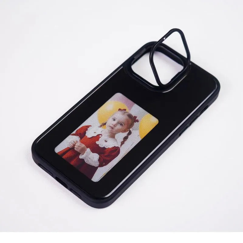 NFC projection screen e-ink phone case with bracket in Graphite Black, Green, and Pink for iPhone Pro models.