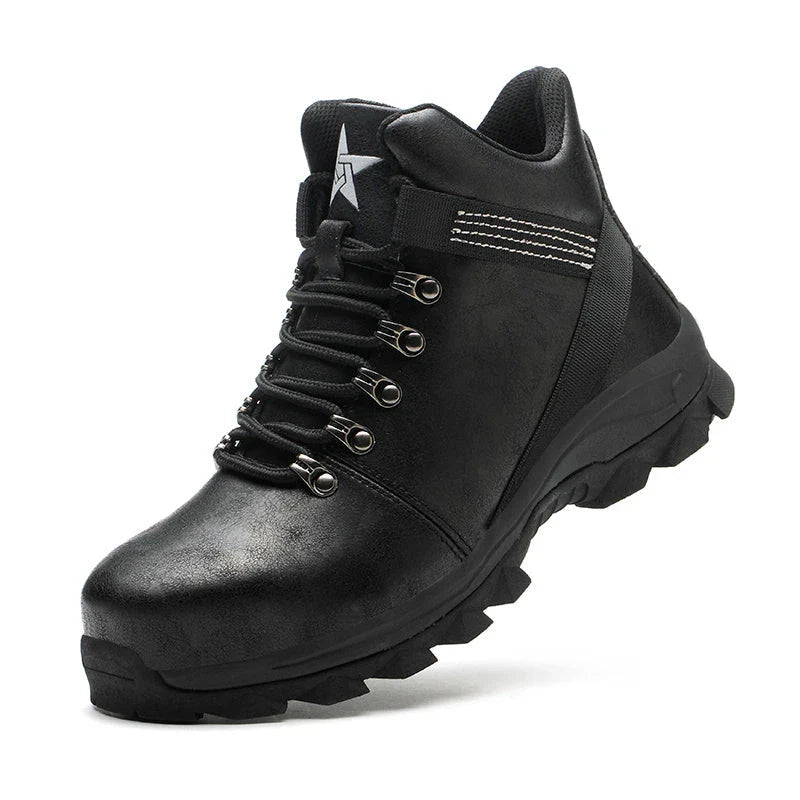 Durable steel-toe work boots with breathable mesh and leather uppers, shock-absorbing midsole, and puncture-resistant outsole