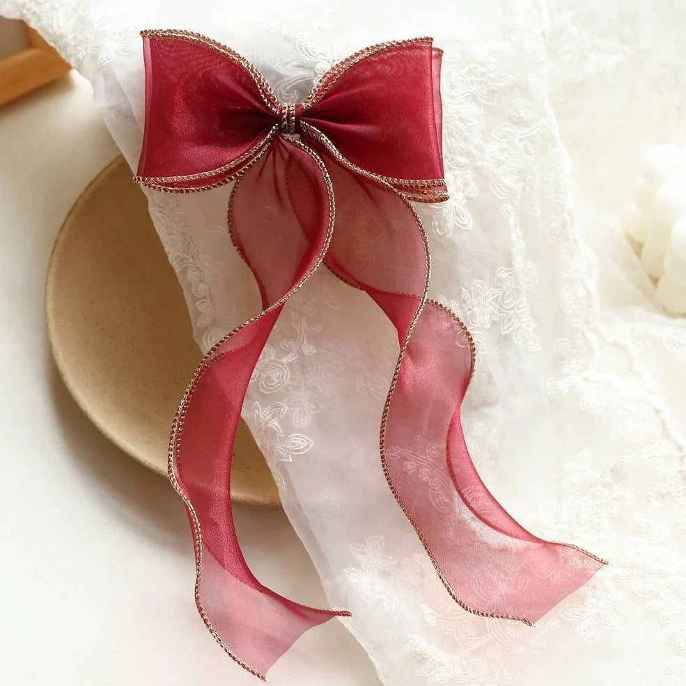 Children's lace bow hairpin with antique streamer design and duckbill clip in blue, grey, pink, purple, or red
