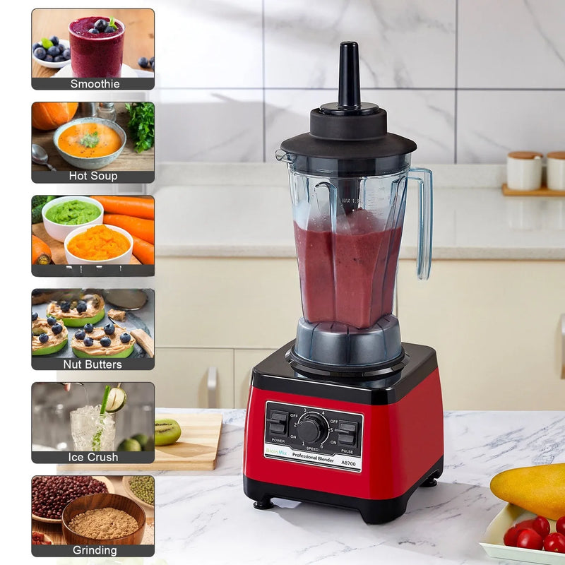Commercial blender, high horsepower 2200W, 2-litre capacity, industrial-style construction, red colour, for commercial or high-volume home use, 50-60Hz frequency, single-phase operation, 36V max rating, 4-5 person batch capability, model A8700.