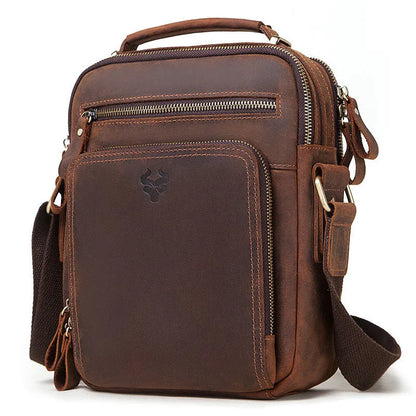 Men's brown Crazy Horse leather retro crossbody bag with single shoulder strap