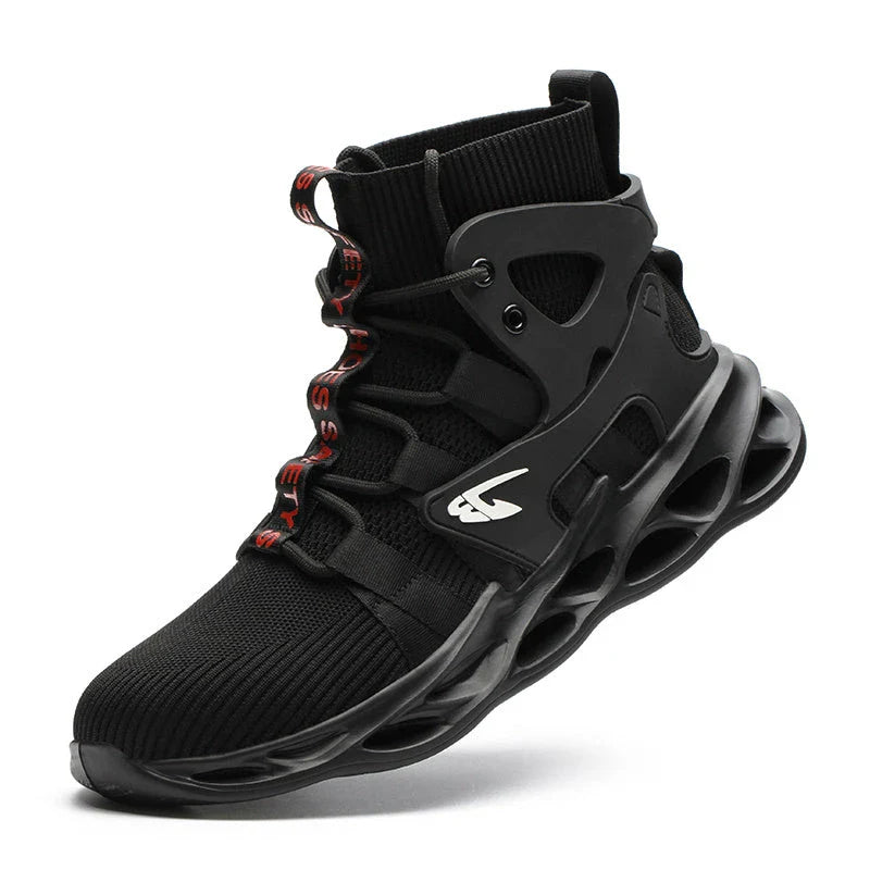 Durable steel-toe work boots with breathable mesh and leather uppers, shock-absorbing midsole, and puncture-resistant outsole