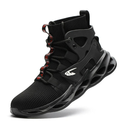 Durable steel-toe work boots with breathable mesh and leather uppers, shock-absorbing midsole, and puncture-resistant outsole