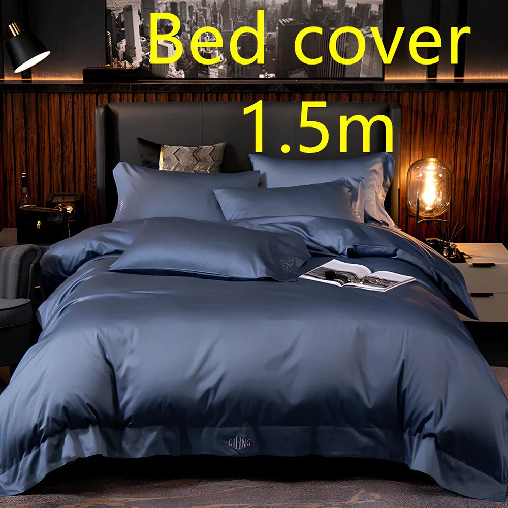 Four-piece cotton bedding set with satin weave fabric showing quilting detail and colour options