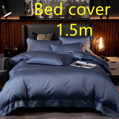 Four-piece cotton bedding set with satin weave fabric showing quilting detail and colour options