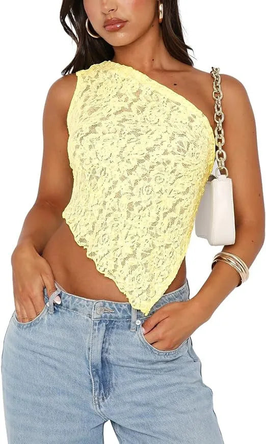 Women's backless lace vest top with asymmetrical neckline in solid colour.