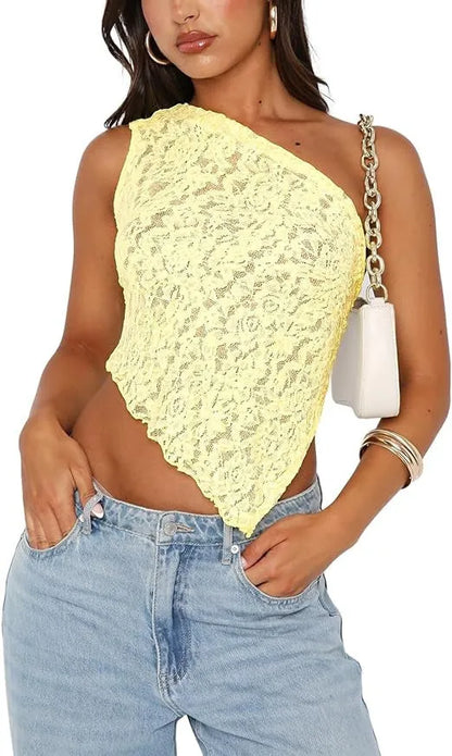 Women's backless lace vest top with asymmetrical neckline in solid colour.