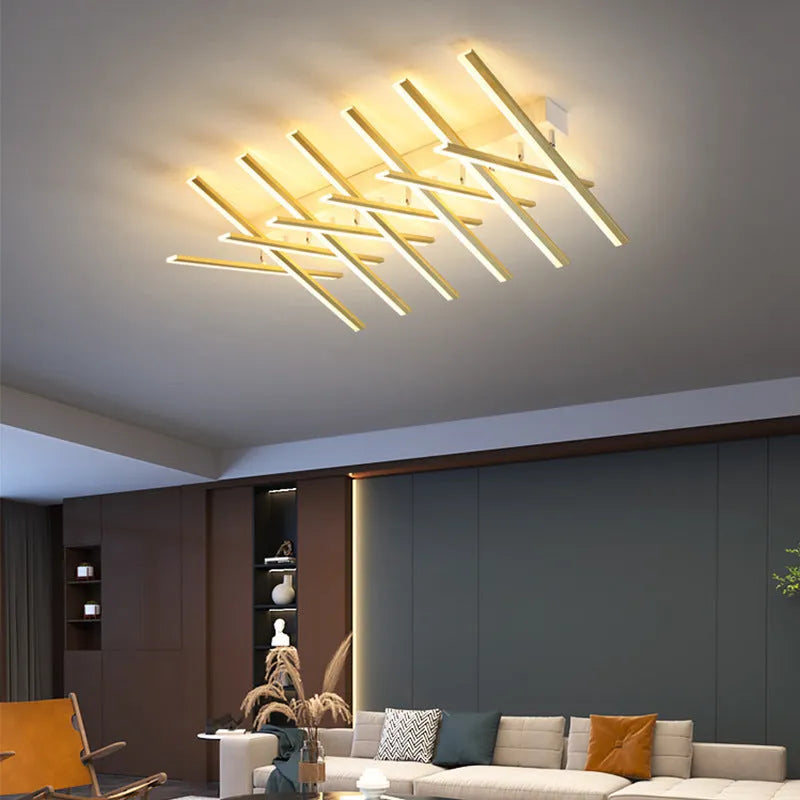 Modern wave style LED ceiling light with six 50cm arms in black or gold finish