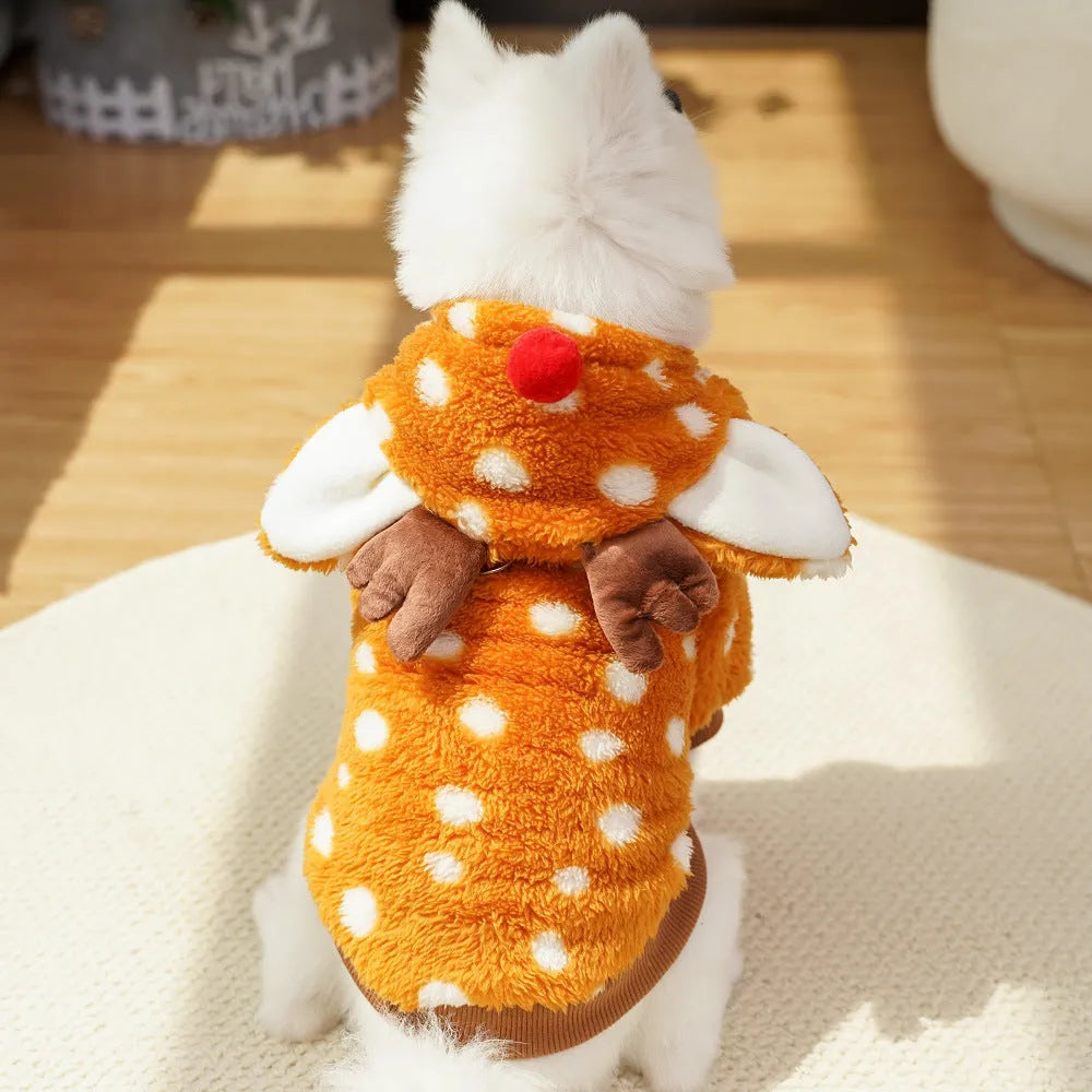 Elk-themed fleece-lined dog Christmas costume shown in size options from XS to XXL