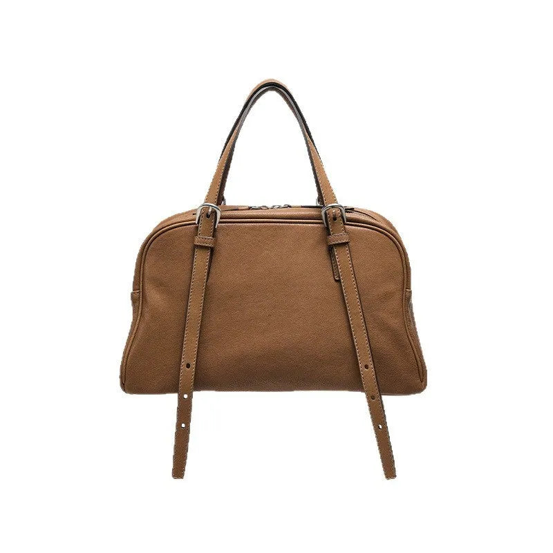 Women's retro casual genuine leather shoulder bag in horizontal square shape with double straps