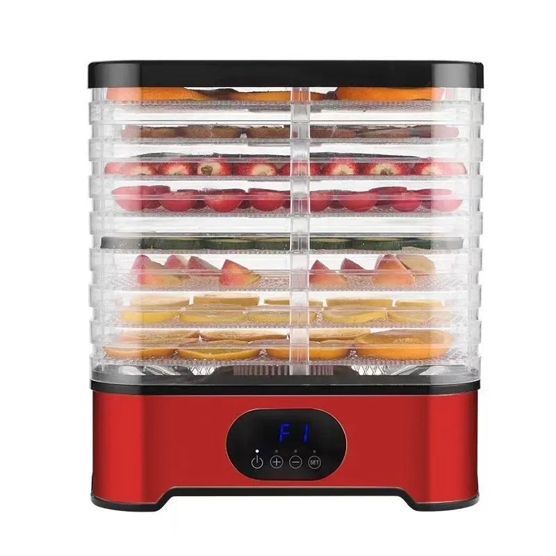 Food dehydrator in silver or red with 8 layers, intelligent controls, and 400W power for household drying