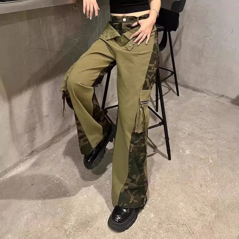 Women's dark khaki high waist jeans with leopard print and contrast stitching detail