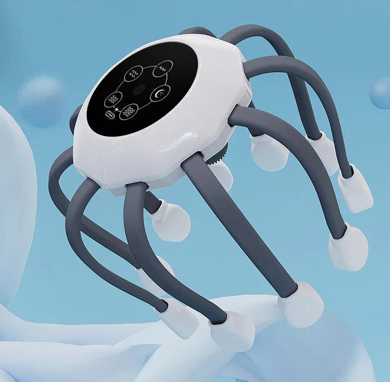 Soothing Octopus Head Massager with 14 independent massage heads and 5 customizable massage modes for targeted tension relief and relaxation