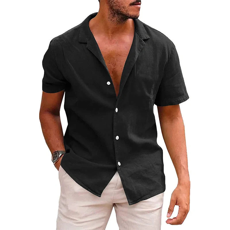 Men's linen-cotton blend short sleeve button down shirt in various colours