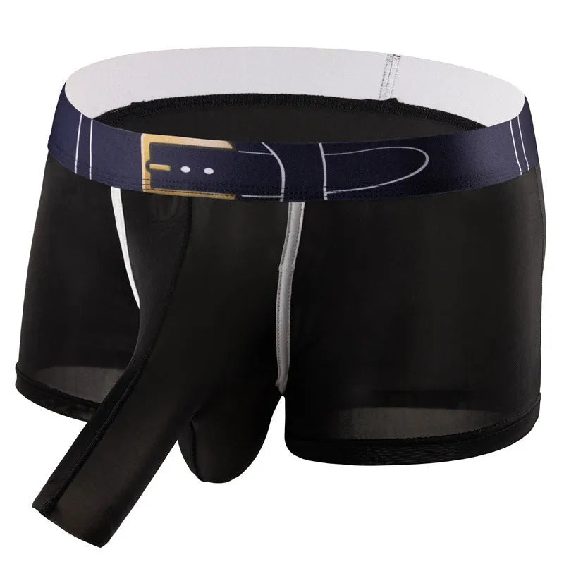 Men's solid colour Ice Silk boxers in black, shown laid flat, with a mid waist design.