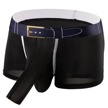 Men's solid colour Ice Silk boxers in black, shown laid flat, with a mid waist design.