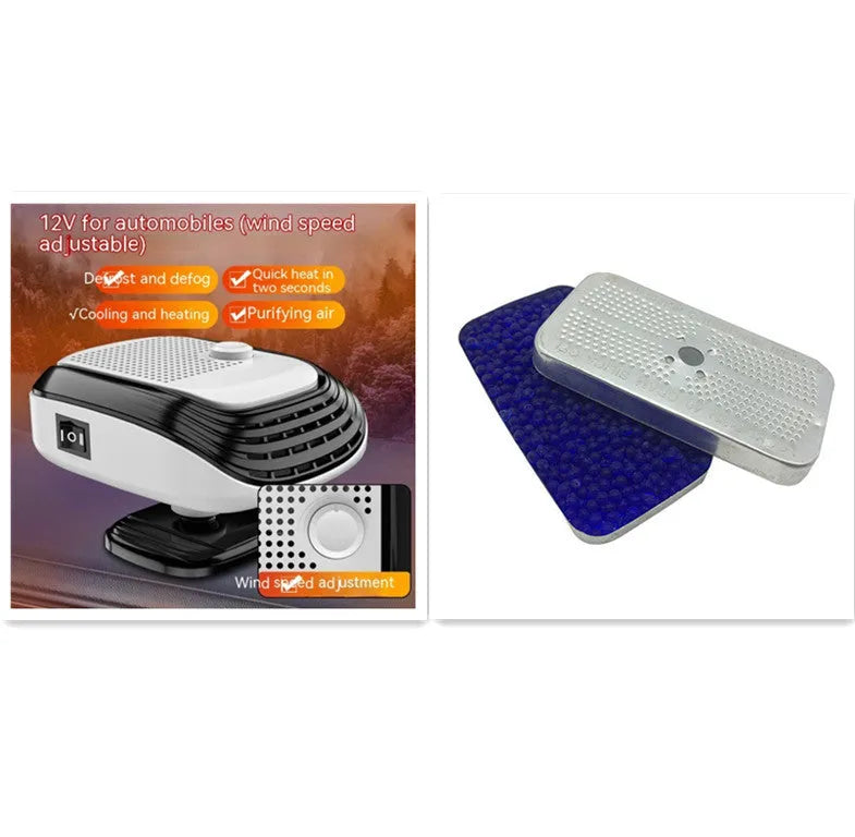 Compact white car heater with ventilation grilles measuring 5x11x13cm for 12V and 24V vehicle installation