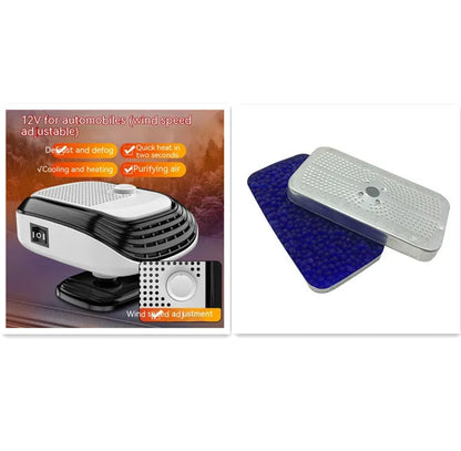 Compact white car heater with ventilation grilles measuring 5x11x13cm for 12V and 24V vehicle installation