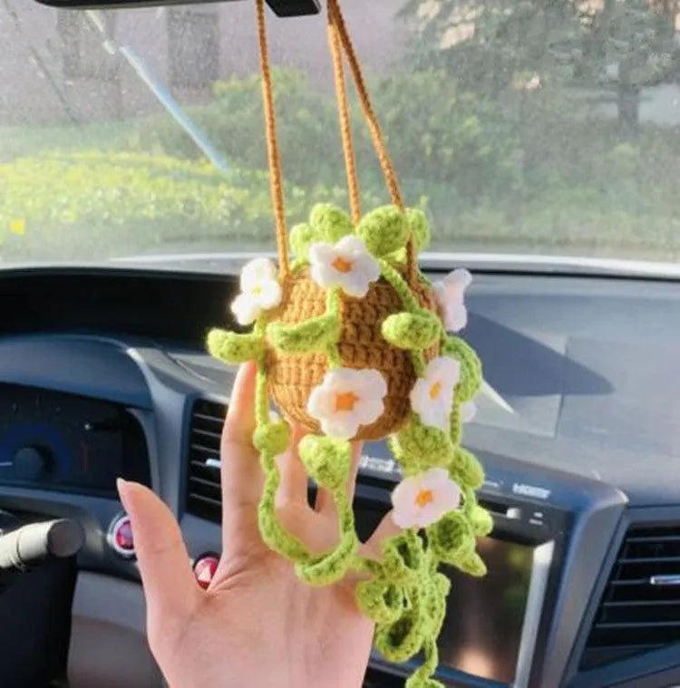 Green and white fishing style car plant decoration with 8cm base and 25cm hanging rope
