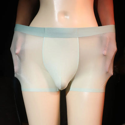 Men's ultra-thin transparent boxer briefs in ice silk nylon fabric showing light grey colour option