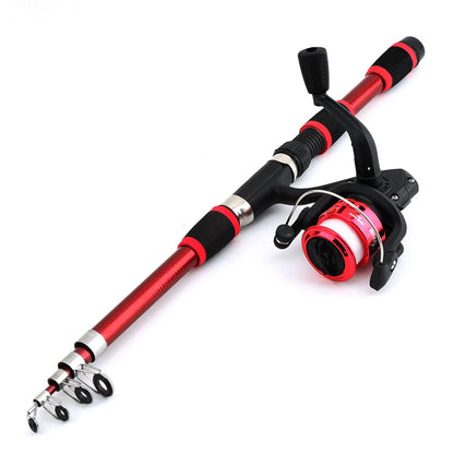 Children's fishing rod suit with pole and wheel reel in blue, green, red or yellow colours with bait accessories