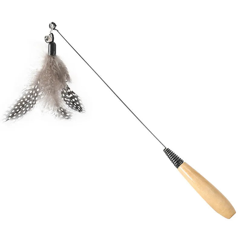 Wooden handle cat teasing stick with spring and four feather bell replacement heads in different colours