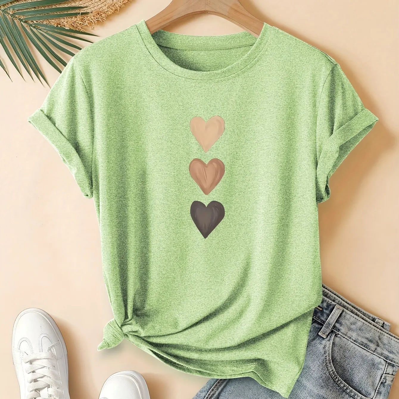 Women's art retro pure cotton short sleeve T-shirt in blue.