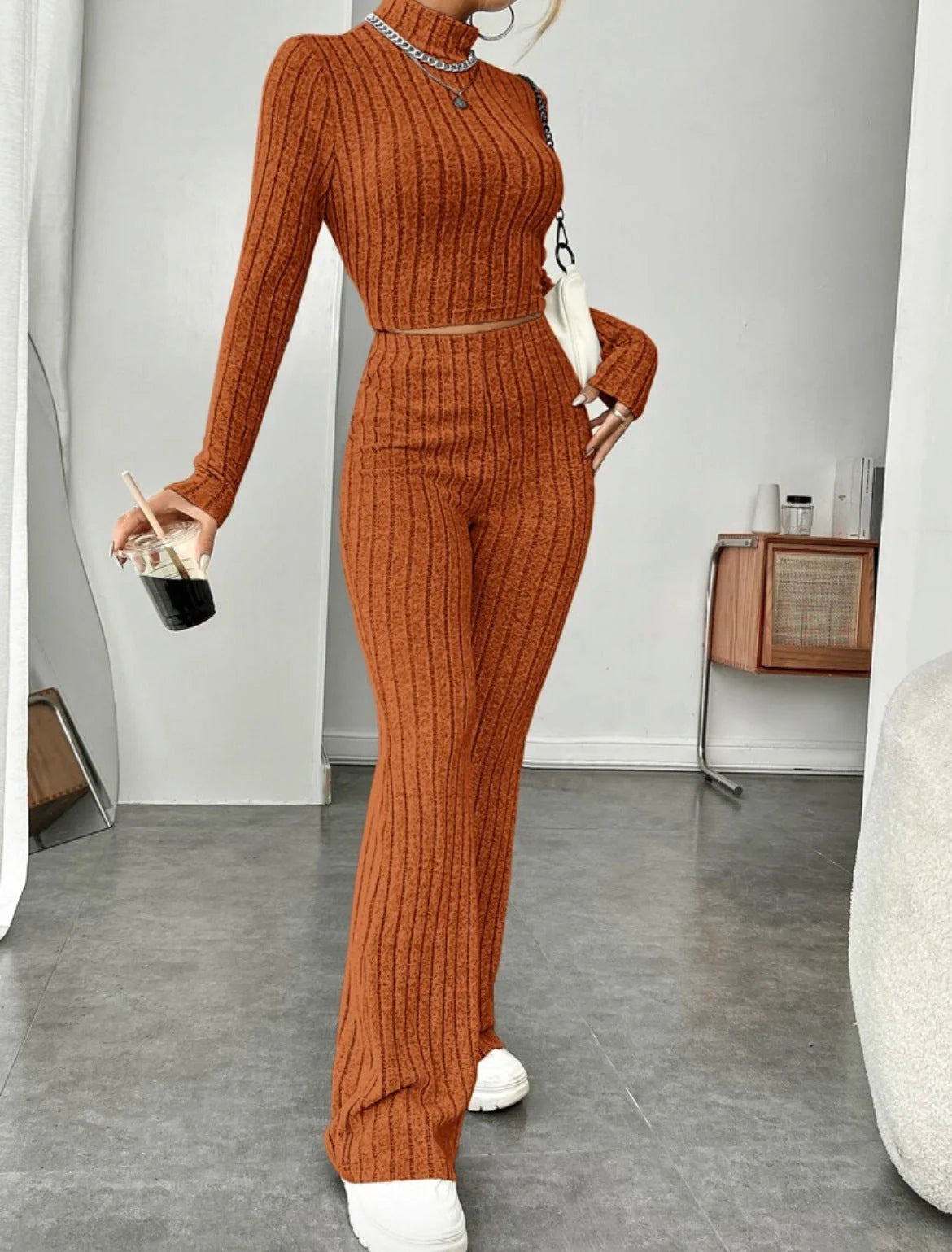 Women's cotton long sleeve turtleneck and wide leg high waist trousers suit in various colours