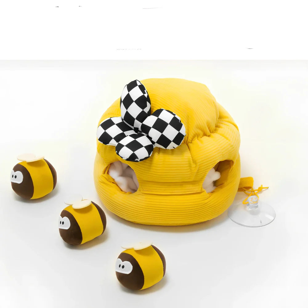 Honey pattern dog food puzzle toy with eight compartments for treat hiding and mental stimulation