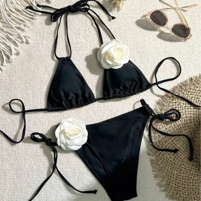 Black 3D flower lace bikini swimsuit with drawstring detailing and backless briefs design