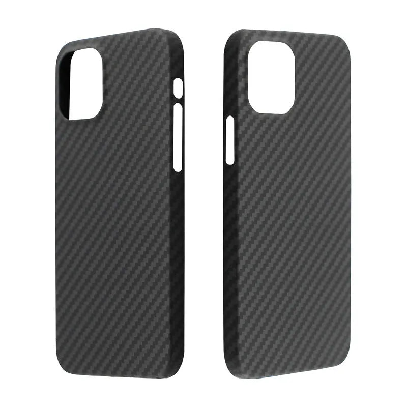 Matt black Kevlar fibre iPhone case with volcano crater texture shown on an iPhone 14 Pro.