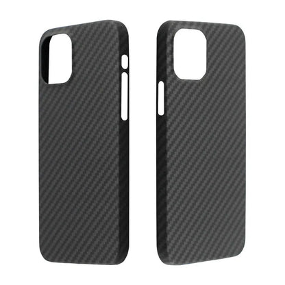 Matt black Kevlar fibre iPhone case with volcano crater texture shown on an iPhone 14 Pro.