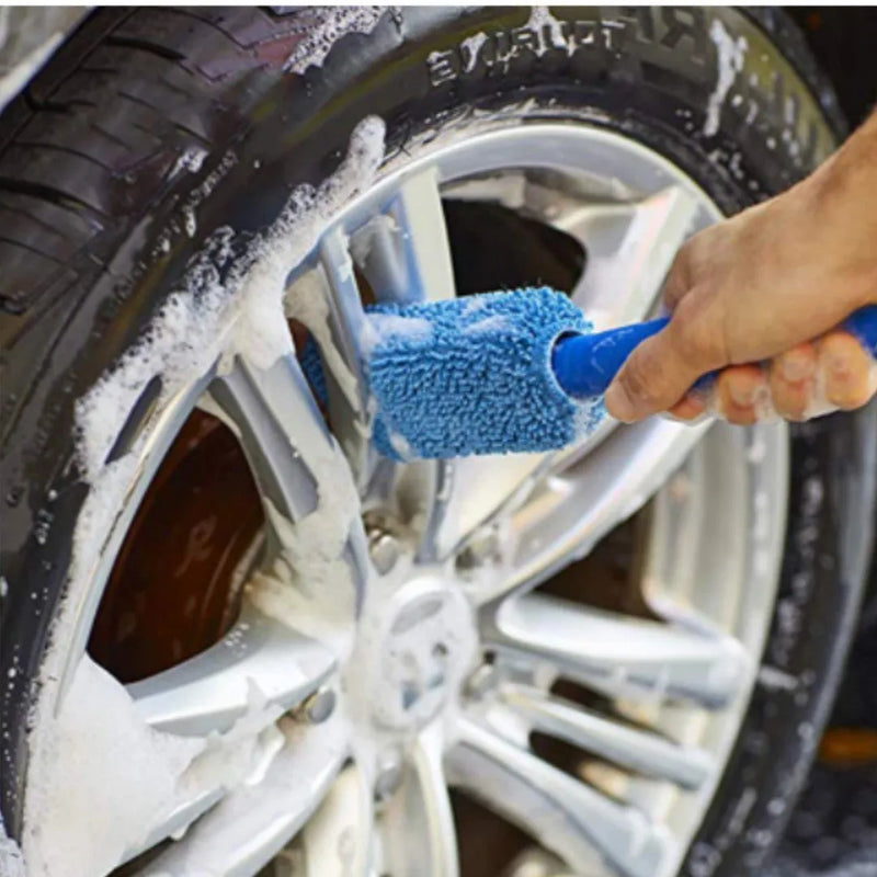 Microfiber long handle car wash tire brush for cleaning wheels and hubcaps, measuring 29cm length with 5cm brush head width, available in grey or blue colour options for improved reach and grip during vehicle cleaning