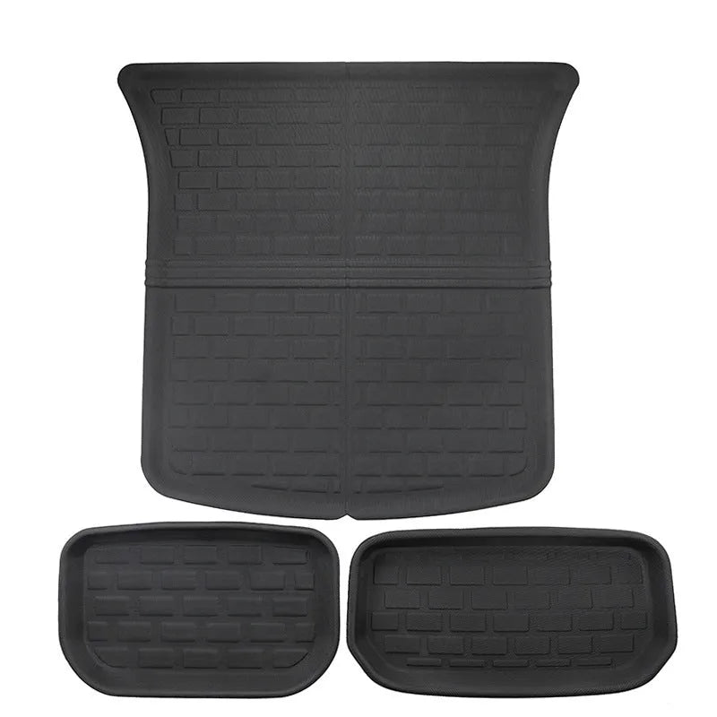 TPR floor mat set for Tesla Model Y showing foot mats, storage box mat, and tailbox mats