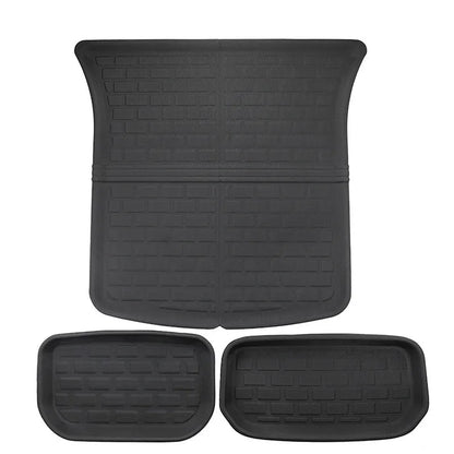 TPR floor mat set for Tesla Model Y showing foot mats, storage box mat, and tailbox mats
