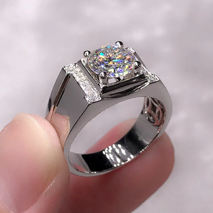 Men's adjustable copper finger ring with electroplated MJ-38 white gold finish and geometric hexagon pattern.