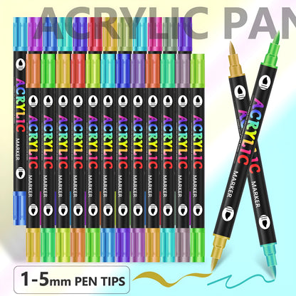 Set of double-ended acrylic marker pens showing fine tip and broad chisel tip on each pen.