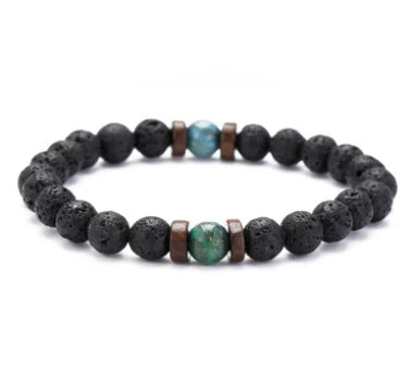 A stylish and durable men's bracelet made with volcanic stone, flash stone, and wood chips