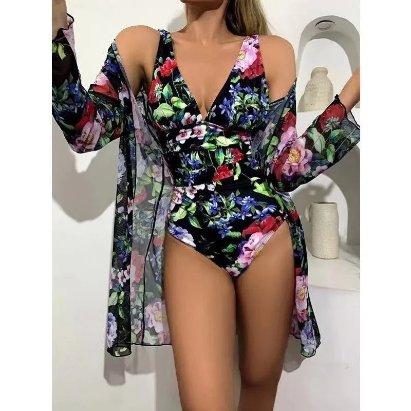 Women's floral pattern bikini three-piece swimsuit set with cover-up coat in multiple colour options