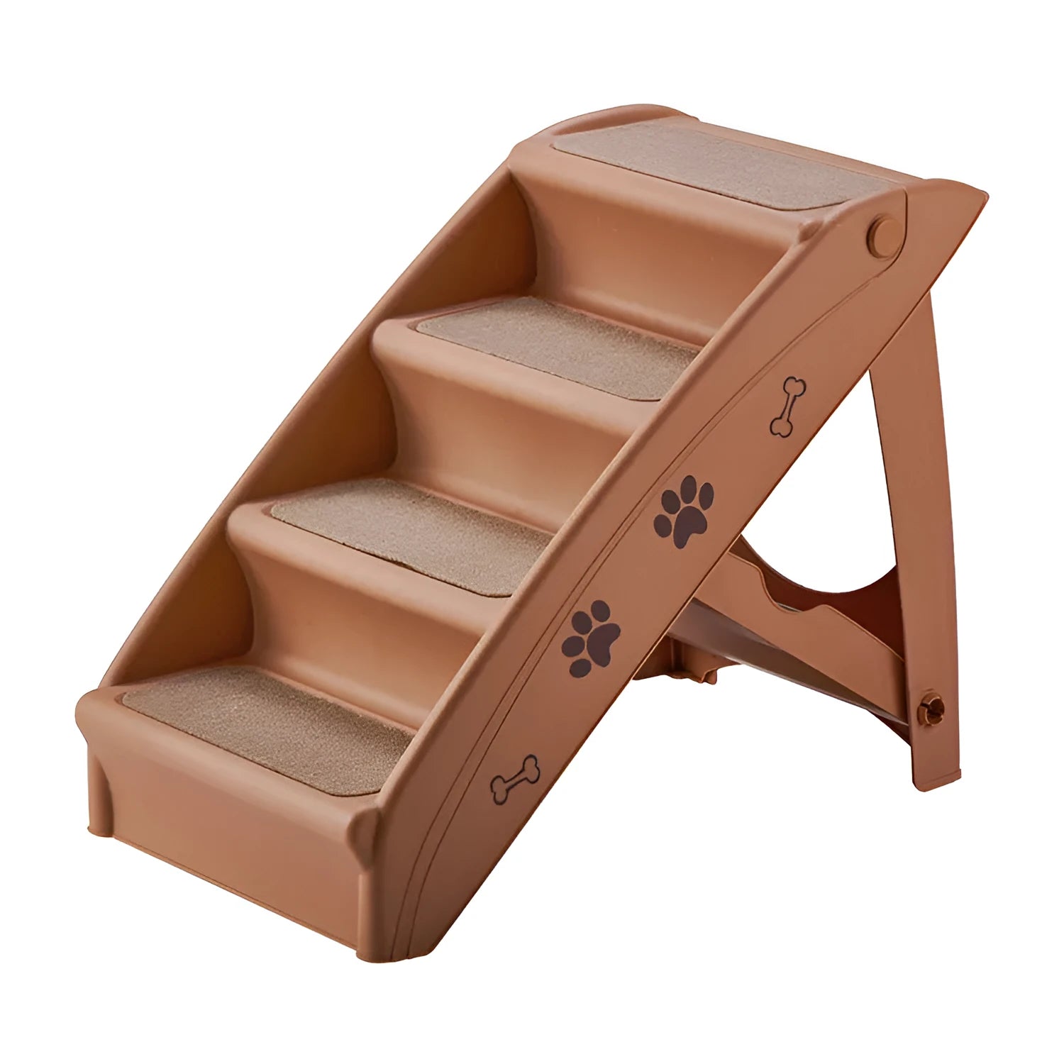 Foldable plastic pet stairs with three thickened steps and non-slip mats in a beige colour.