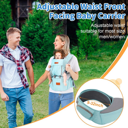 Dual-purpose baby carrier waist stool for newborns and toddlers in light blue, grey, and dark blue