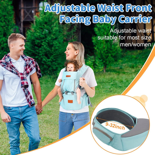 Dual-purpose baby carrier waist stool for newborns and toddlers in light blue, grey, and dark blue