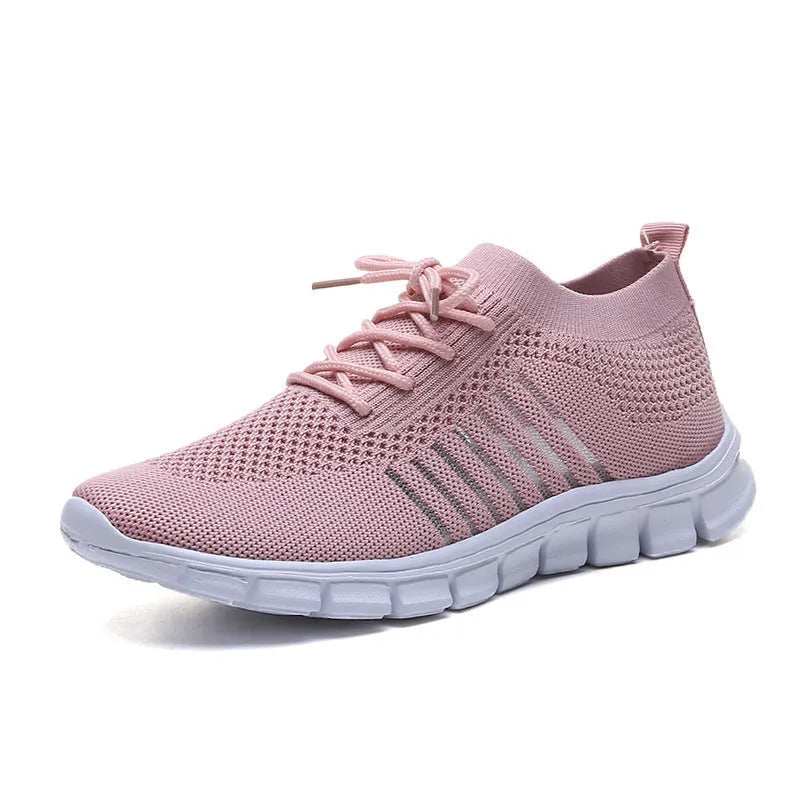 Women's flying knit casual flats with mesh upper, round toe, and front-tie design in multiple colour options